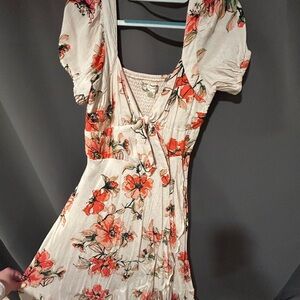 Nordstrom Cream and Red Puff Sleeve Midi Dress